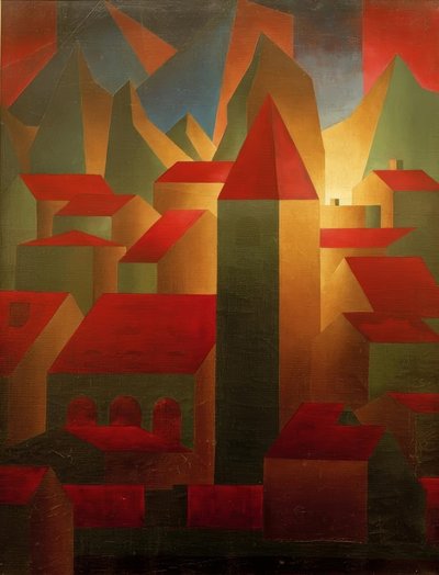 Houses, Tower, Mountains by Carl Grossberg